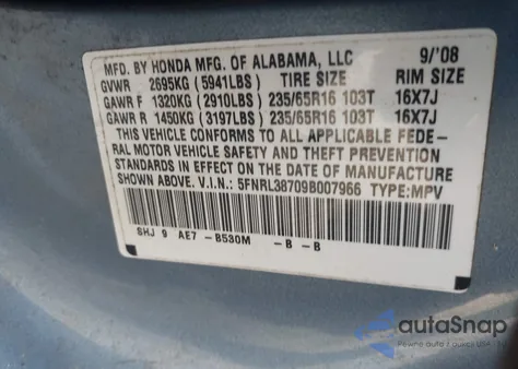 2009 Honda Odyssey Ex-L from USA, damaged, VIN 5FNRL38709B007966